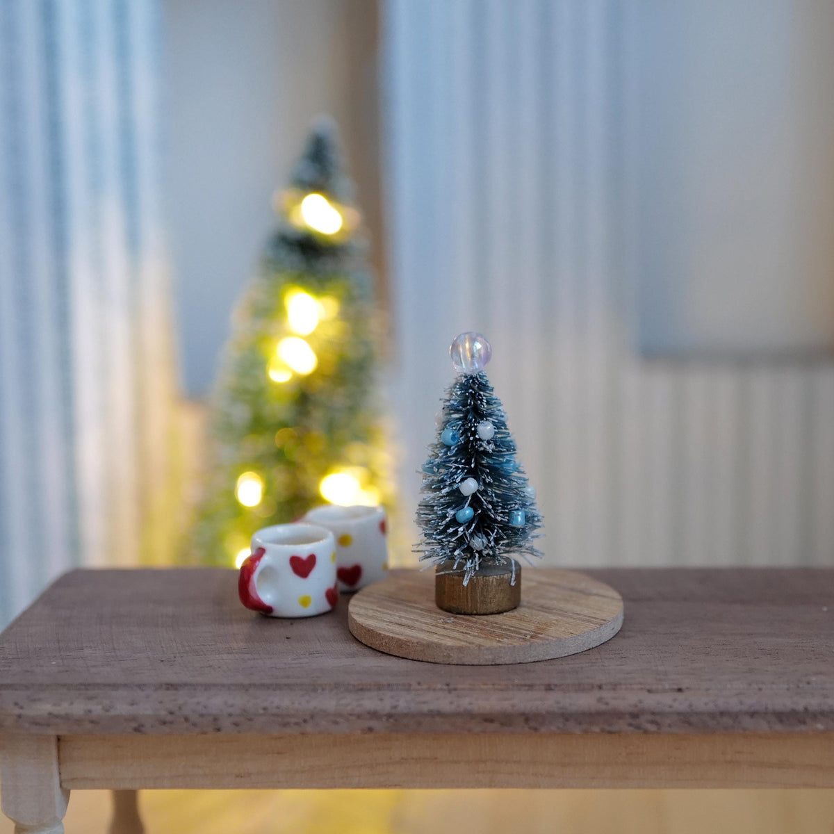 1:12 Scale Miniature Frosted Christmas Tree with Blue and White Beads and Clear Bead Topper, 1-9/16 inch tall, Dollhouse Decor