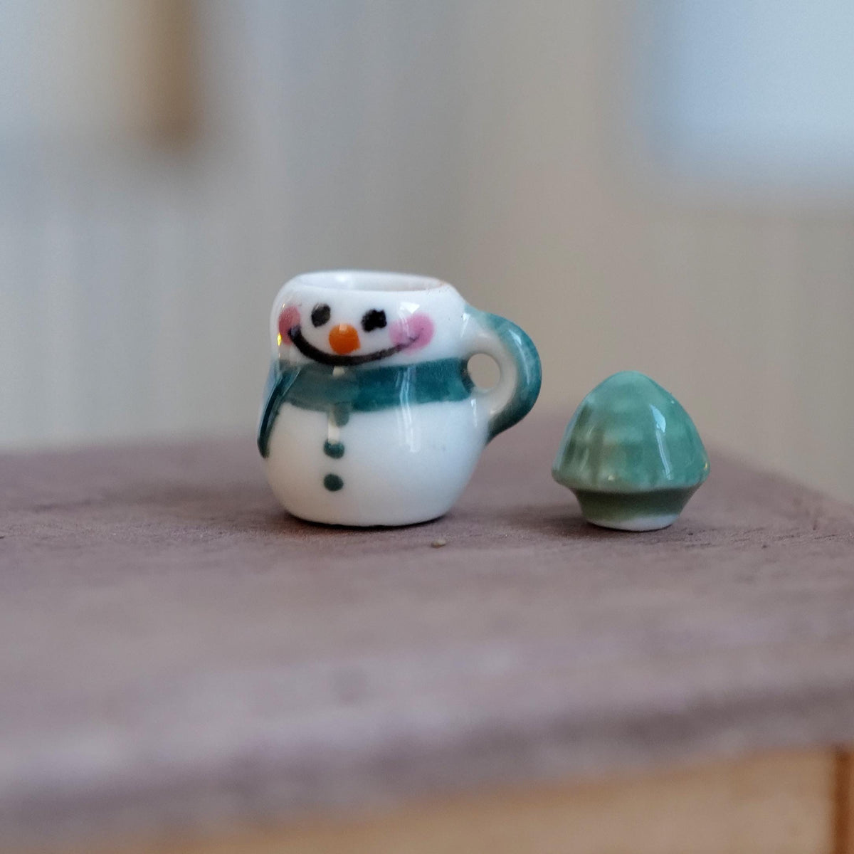 1:12 Scale Miniature Christmas Snowman Mug with Hot Chocolate and Cone Hat Lid, 13/16 inch tall, Dollhouse Decor (green) (non edible)