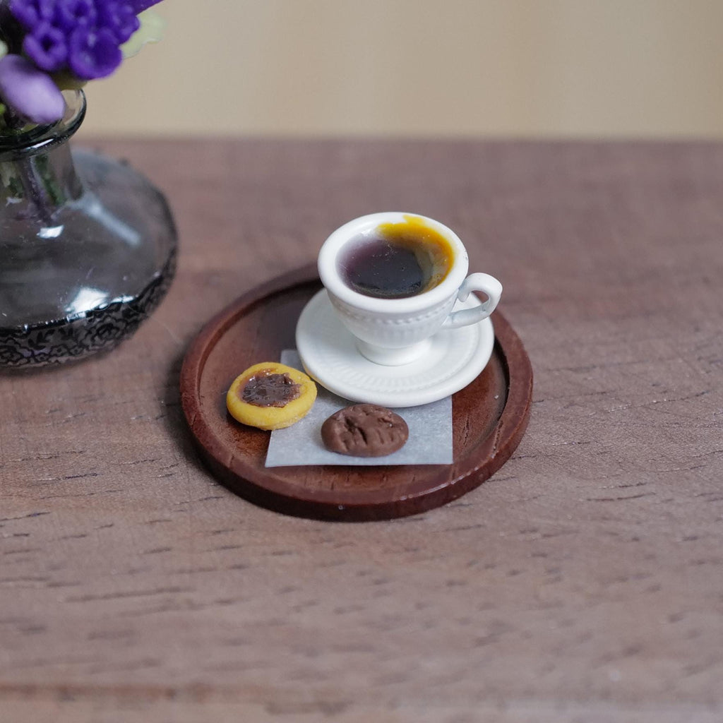 1:12 Scale Miniature Cup of Black Coffee with Crema, Saucer, 2 Cookies and Tray, 1 inch dia., Dollhouse Decor (cream) (non edible)