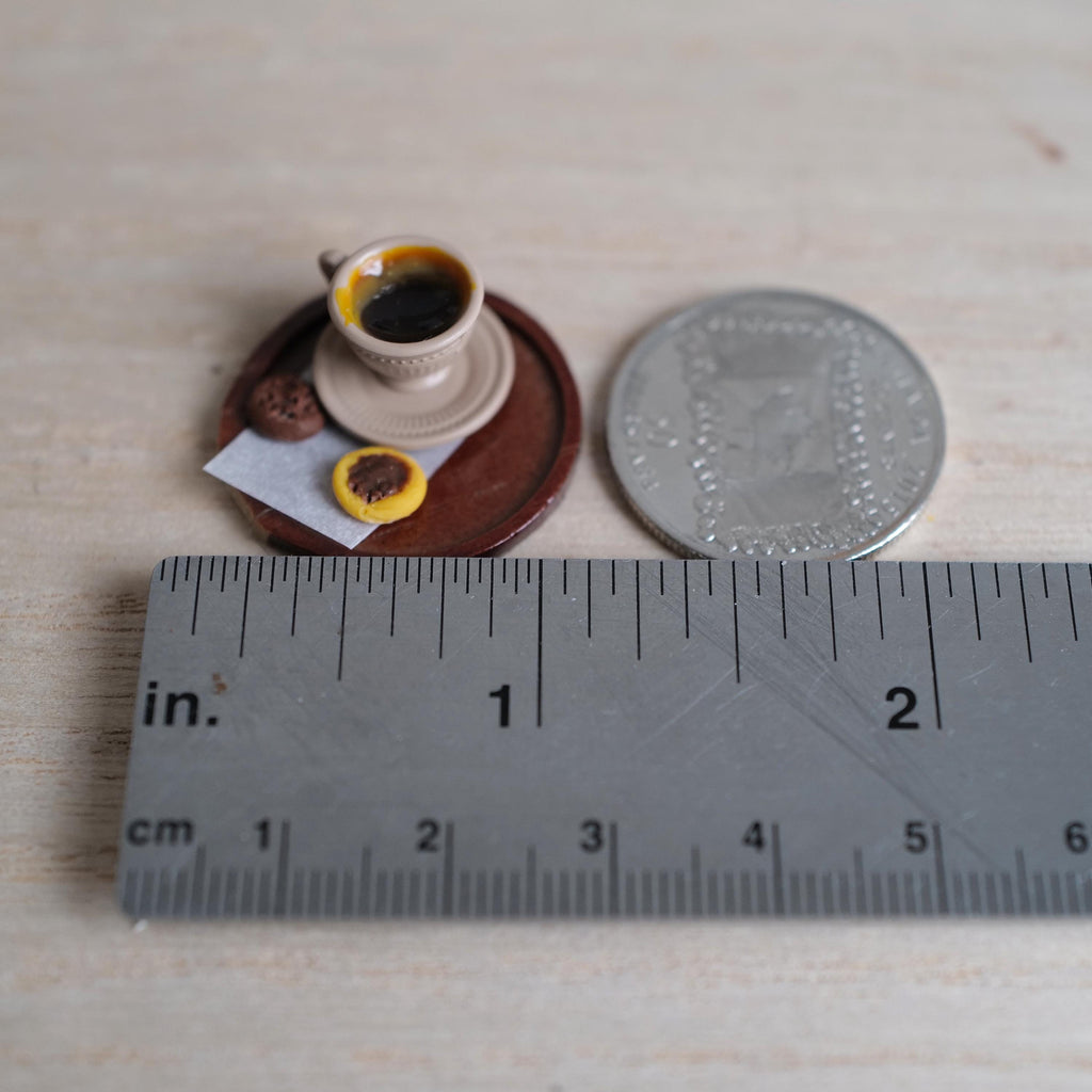 1:12 Scale Miniature Cup of Black Coffee with Crema, Saucer, 2 Cookies and Tray, 1 inch dia., Dollhouse Decor (beige) (non edible)