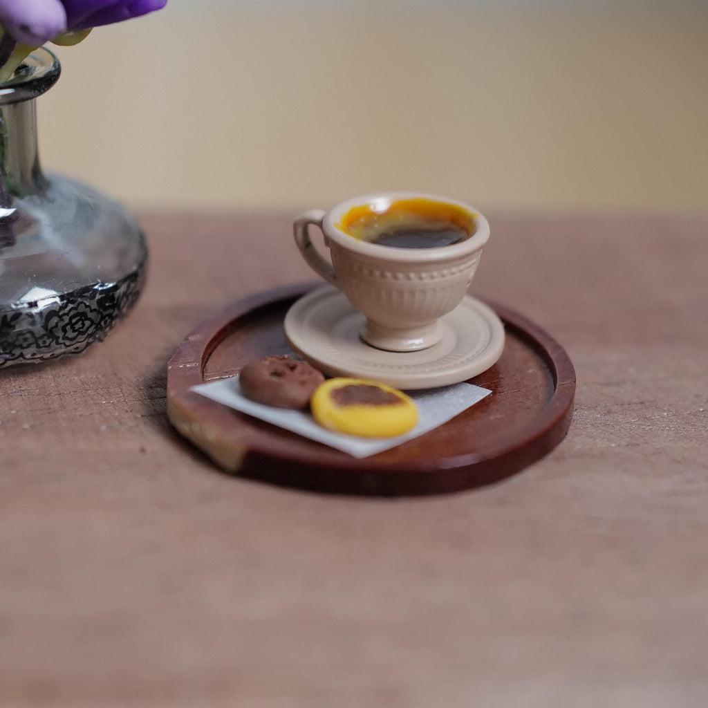 1:12 Scale Miniature Cup of Black Coffee with Crema, Saucer, 2 Cookies and Tray, 1 inch dia., Dollhouse Decor (beige) (non edible)
