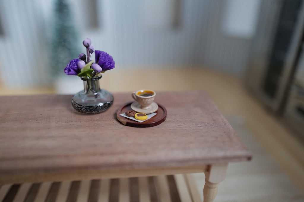 1:12 Scale Miniature Cup of Black Coffee with Crema, Saucer, 2 Cookies and Tray, 1 inch dia., Dollhouse Decor (beige) (non edible)