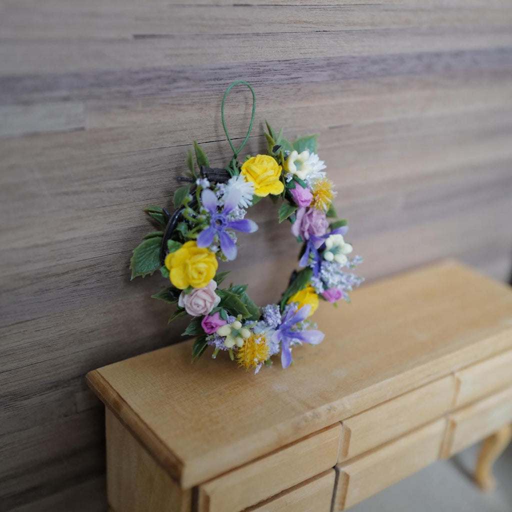 1:12 Scale Miniature Spring Flower Wreath with Roses, 2-1/8 inch dia., Dollhouse Decor