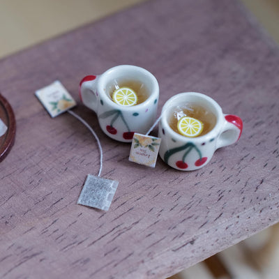 1:12 Scale Miniature Lemon Tea Mugs with Tea Bags, Set of 2, 9/16 inch dia., Dollhouse Decor (red cherry) (non edible)