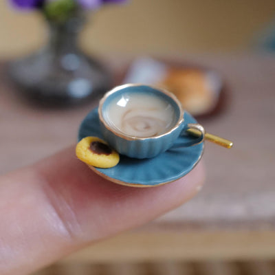 1:12 Scale Miniature Coffee Cup and Saucer with Stirring Spoon and Cookie, 3/4 inch dia., Dollhouse Decor (blue) (large) (non edible)