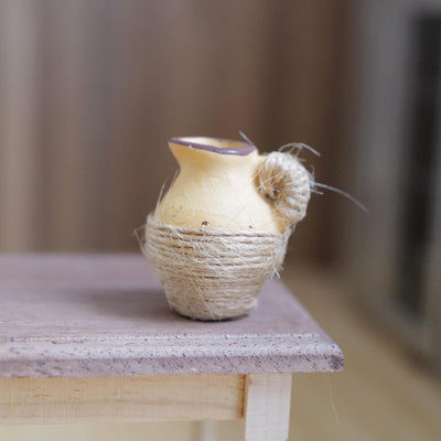 1:12 Scale Miniature Clay Pitcher with Brown Rim, Wrapped in Jute Twine, 1-3/16 inch tall, Dollhouse Decor (beige)