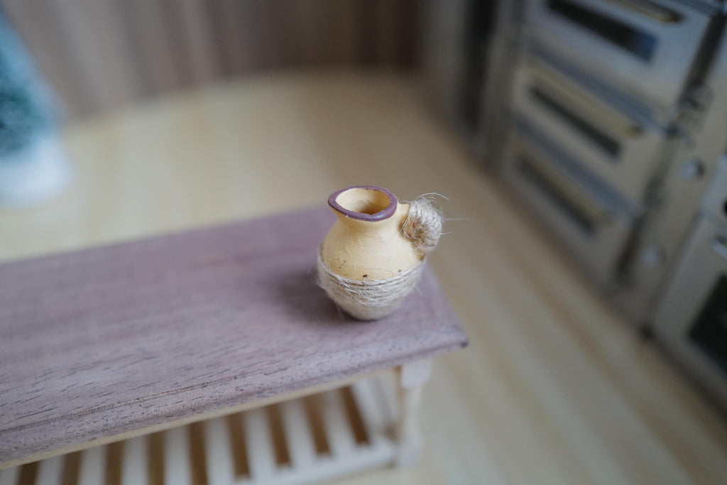 1:12 Scale Miniature Clay Pitcher with Brown Rim, Wrapped in Jute Twine, 1-3/16 inch tall, Dollhouse Decor (beige)