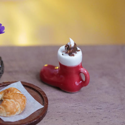 1:12 Scale Miniature Ceramic Santa Boot Mug with Whipped Cream and Chocolate Fudge, 13/16 inch tall, Dollhouse Decor (non edible)