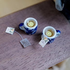 1:12 Scale Miniature Blue and White Floral Ceramic Lemon Tea Mugs with Tea Bags, Set of 2, 1/2 inch tall, Dollhouse Decor (non edible)