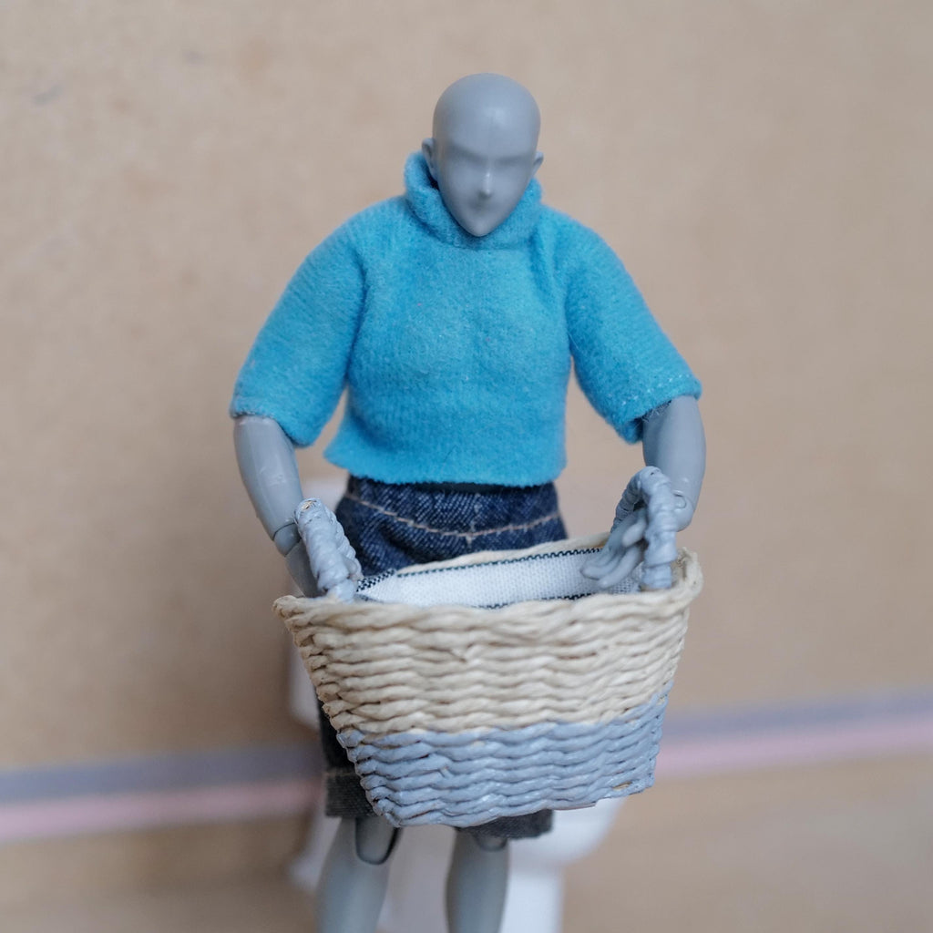 1:12 Scale Miniature Two Tone Woven Laundry Basket with Striped Fabric Lining, 2-1/16 inch long, Dollhouse Decor (gray)