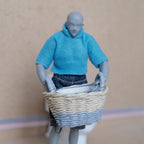 1:12 Scale Miniature Two Tone Woven Laundry Basket with Striped Fabric Lining, 2-1/16 inch long, Dollhouse Decor (gray)