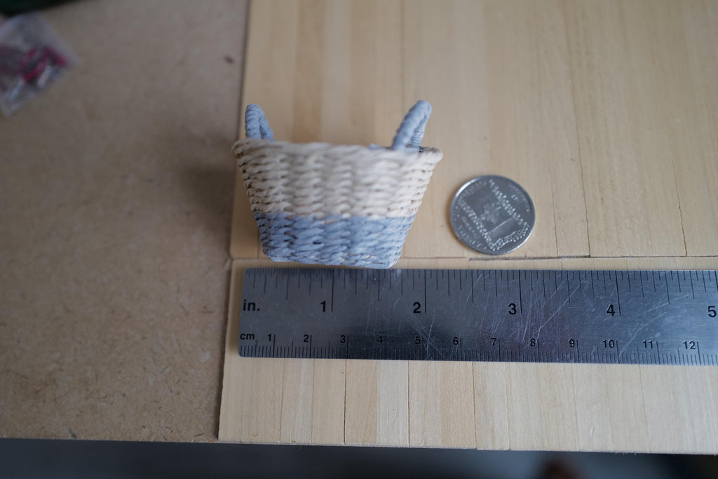 1:12 Scale Miniature Two Tone Woven Laundry Basket with Striped Fabric Lining, 2-1/16 inch long, Dollhouse Decor (gray)