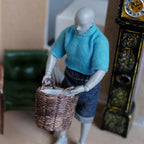 1:12 Scale Miniature Woven Blanket Basket with Linen Lining and Loop Handles, 1-9/16 inch tall, Dollhouse Decor (dark brown)