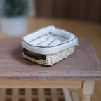1:12 Scale Miniature Rectangular Woven Bread Basket with Striped Linen Lining and Faux Leather Handles, 1-5/8 inch long, Dollhouse Decor
