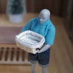 1:12 Scale Miniature Rectangular Woven Bread Basket with Striped Linen Lining and Faux Leather Handles, 1-5/8 inch long, Dollhouse Decor