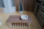 1:12 Scale Miniature Rectangular Woven Bread Basket with Striped Linen Lining and Faux Leather Handles, 1-5/8 inch long, Dollhouse Decor